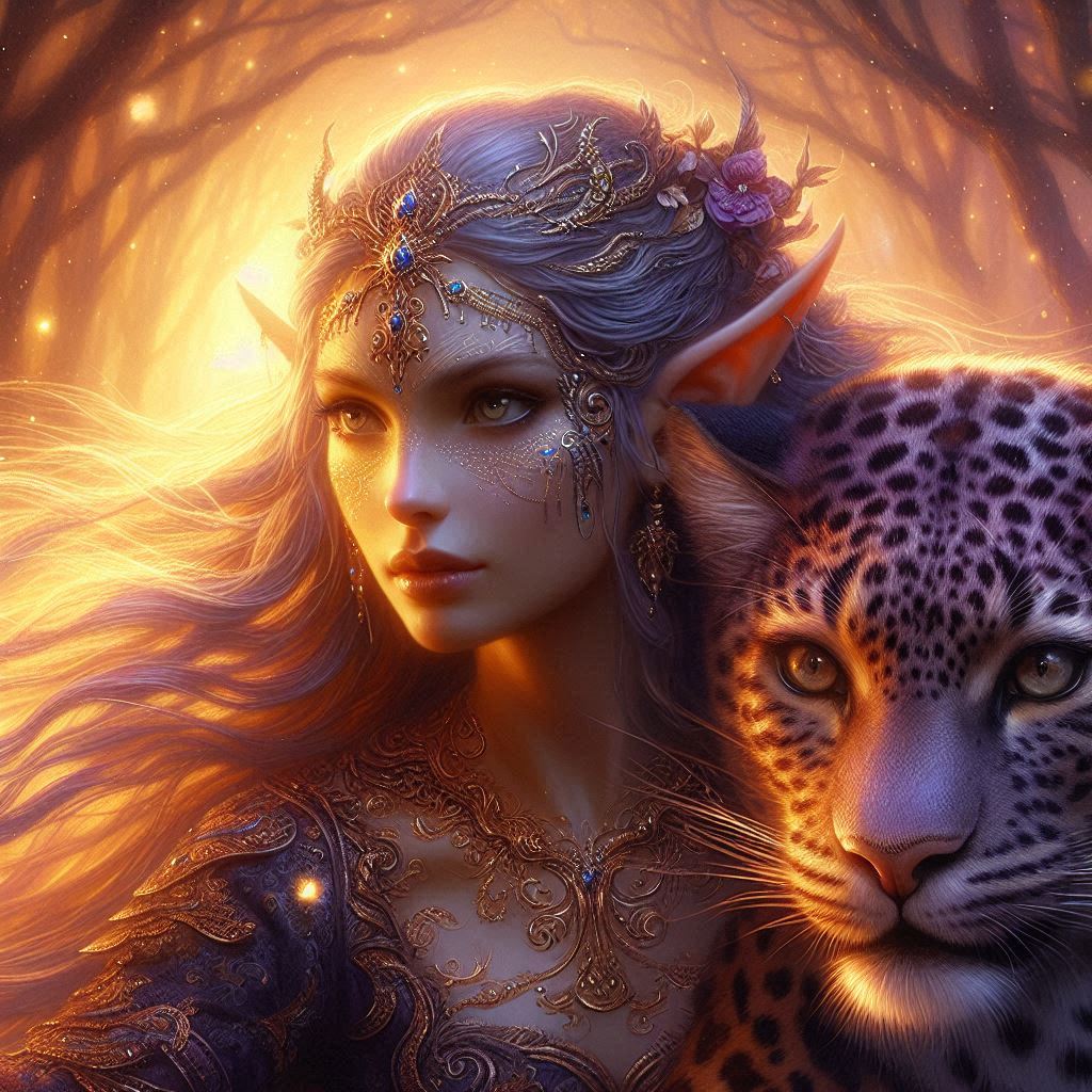 Fantasy elf queen with ornate jewelry beside a leopard in a warm glowing forest.
