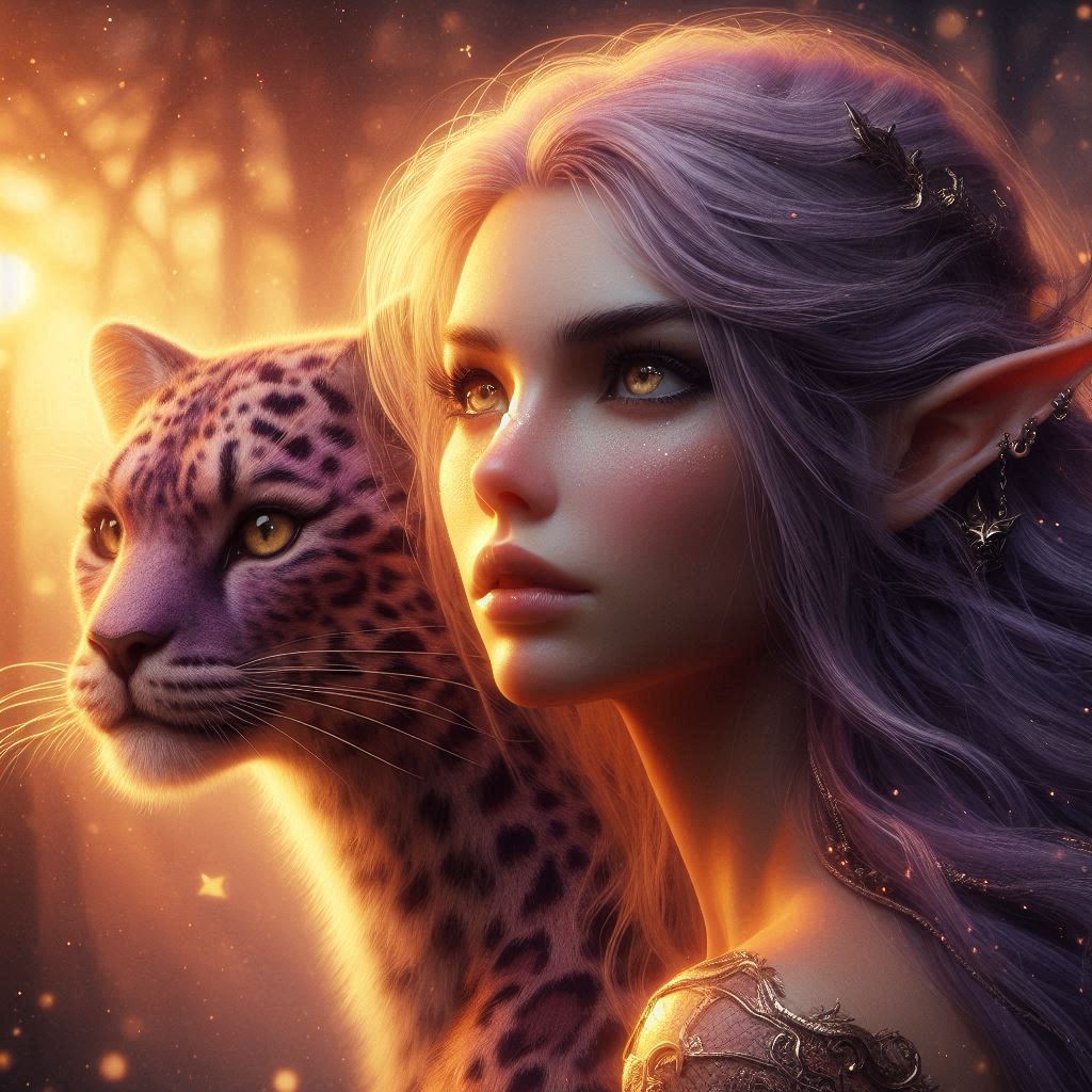 Fantasy elf woman with purple hair beside a leopard in warm, glowing forest light.