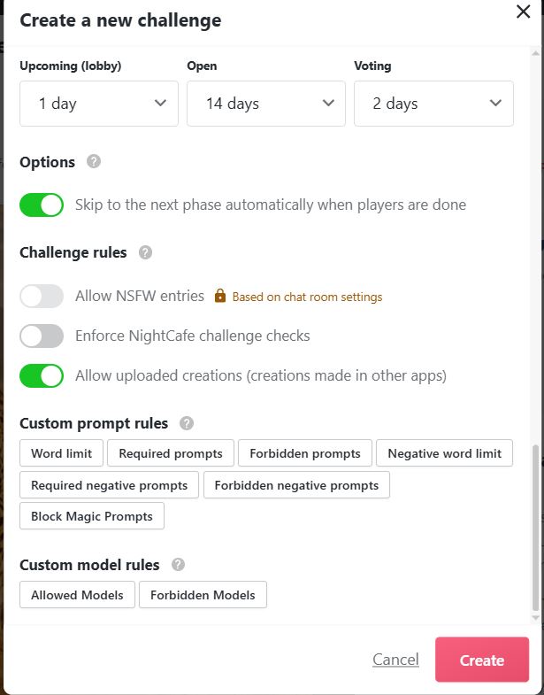Screenshot of a web UI panel for creating a new challenge with toggles and prompt rules