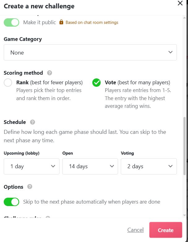 Screenshot of a "Create a new challenge" settings panel with voting scoring and scheduling options.