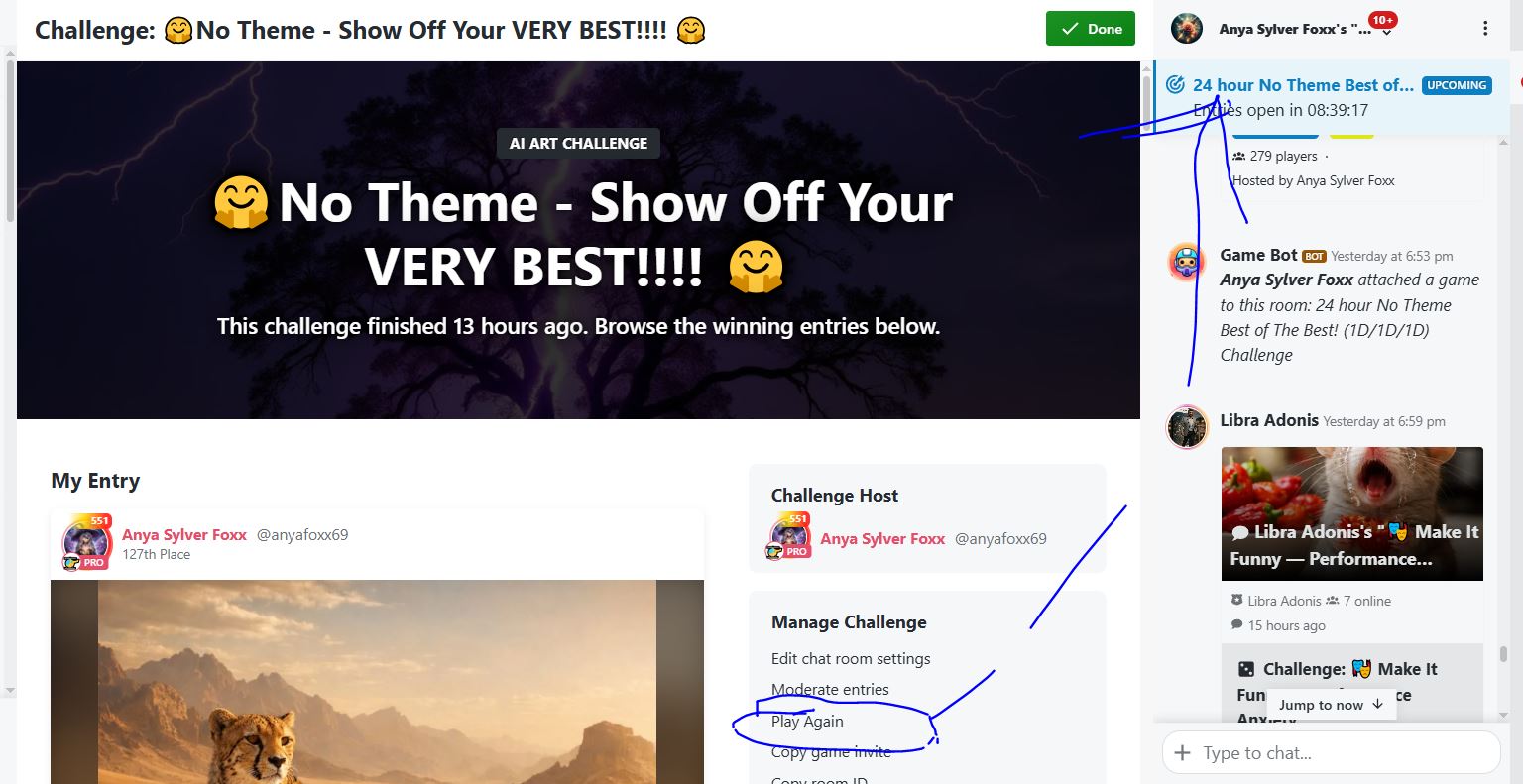 AI art challenge banner "No Theme - Show Off Your VERY BEST" with bold white text on a dark, stormy background.