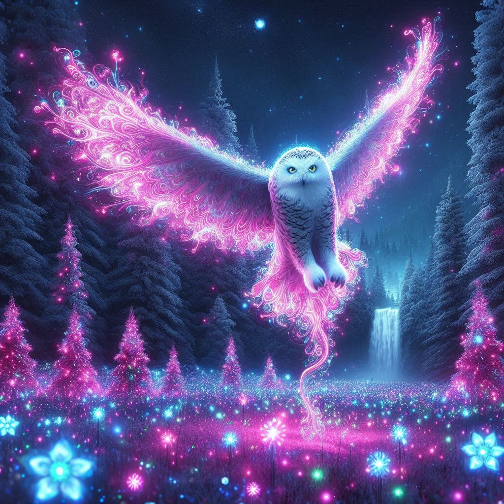 Glowing blue owl with neon pink wings flying over a luminous snowy forest garden.