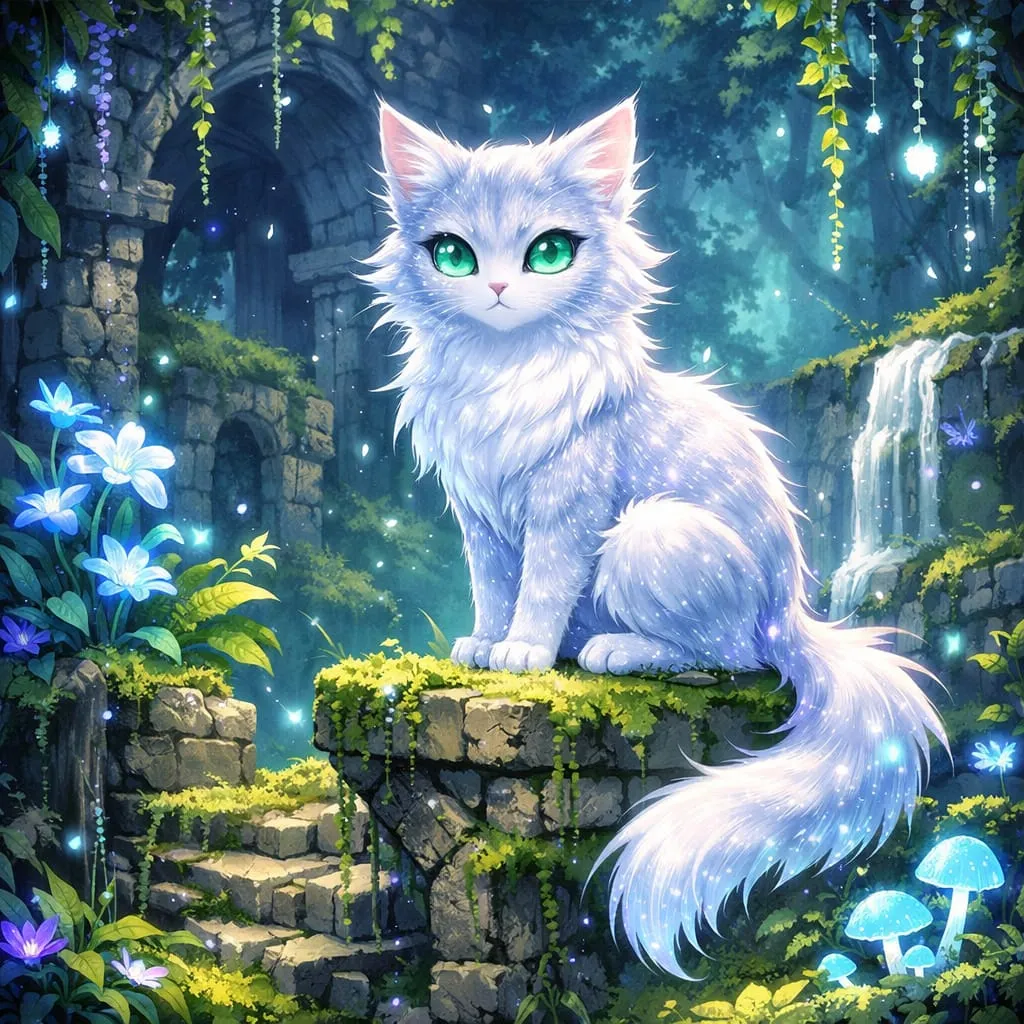 White fluffy cat with emerald eyes sitting on a mossy stone in a magical forest.