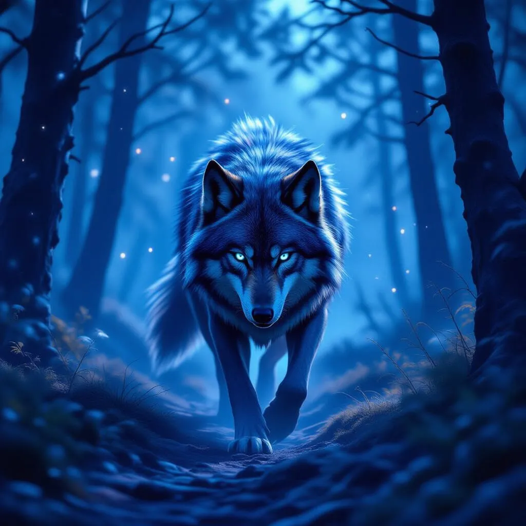 A blue wolf prowling through a moonlit, misty forest at night.
