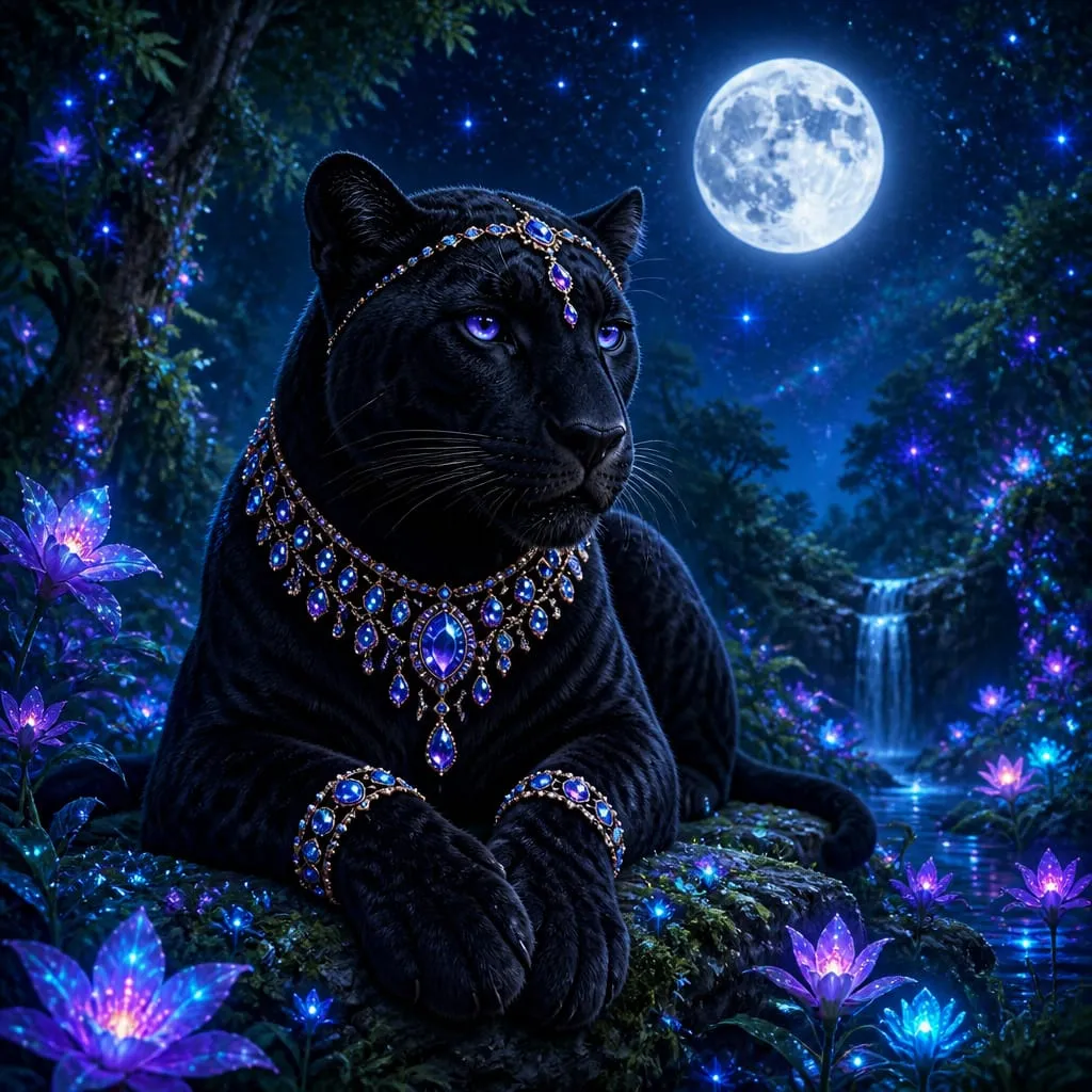 Black panther wearing blue gemstone jewelry in a moonlit fantasy garden.