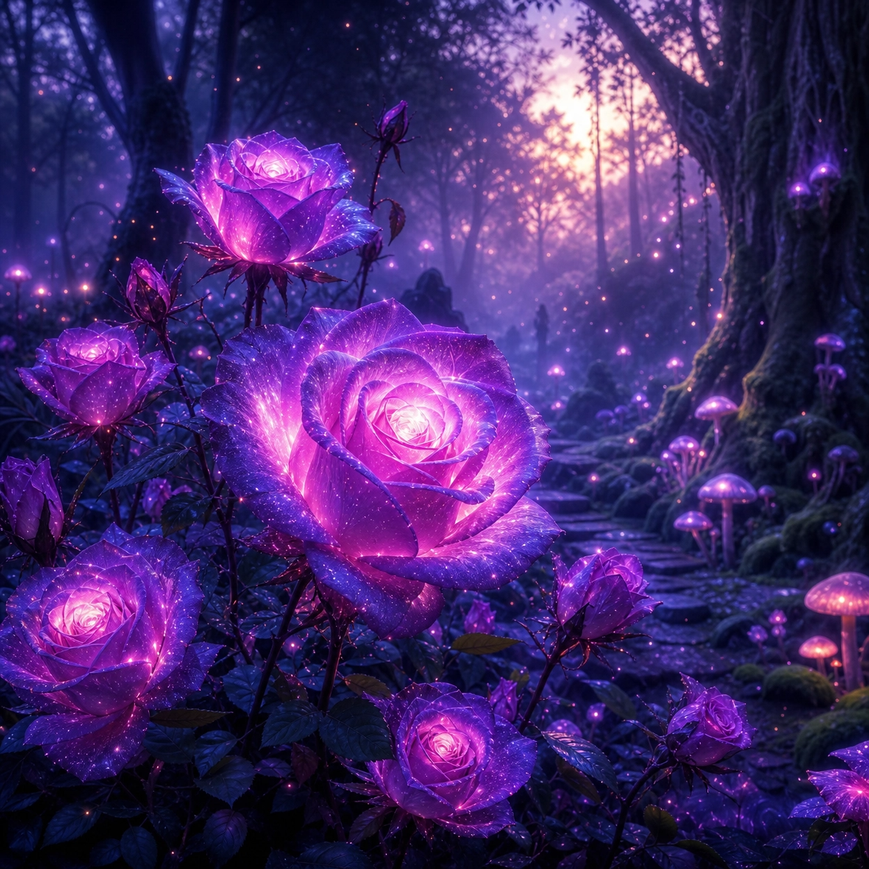 Glowing purple roses in an enchanted forest at dusk with sparkling particles