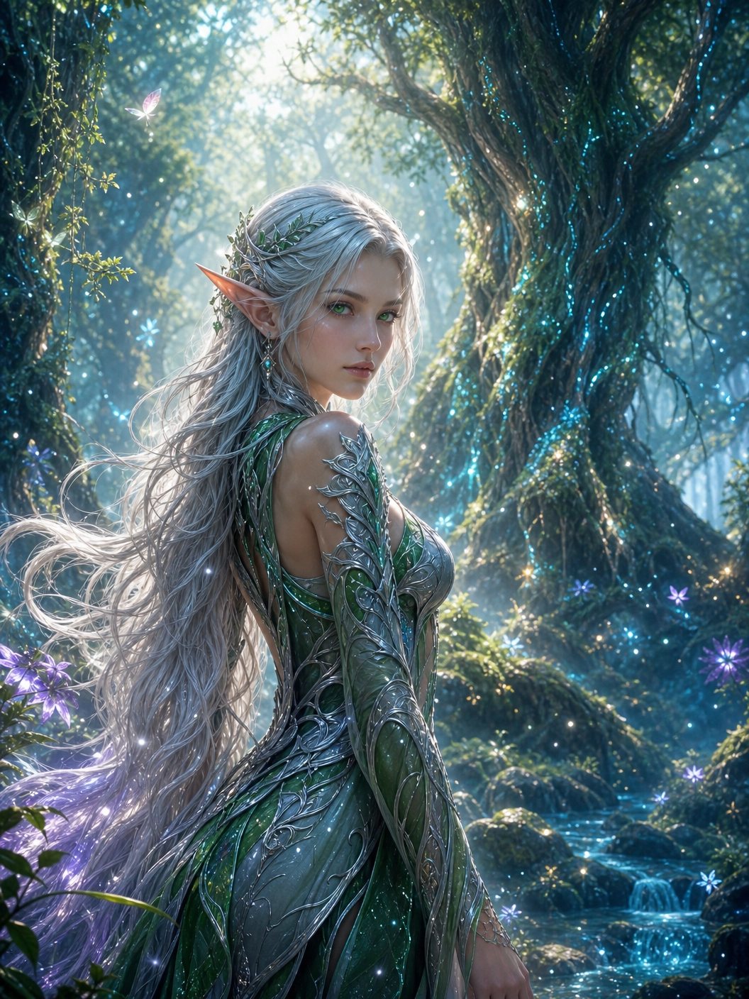 Fantasy elf woman in green metallic armor with silver hair in a luminous forest
