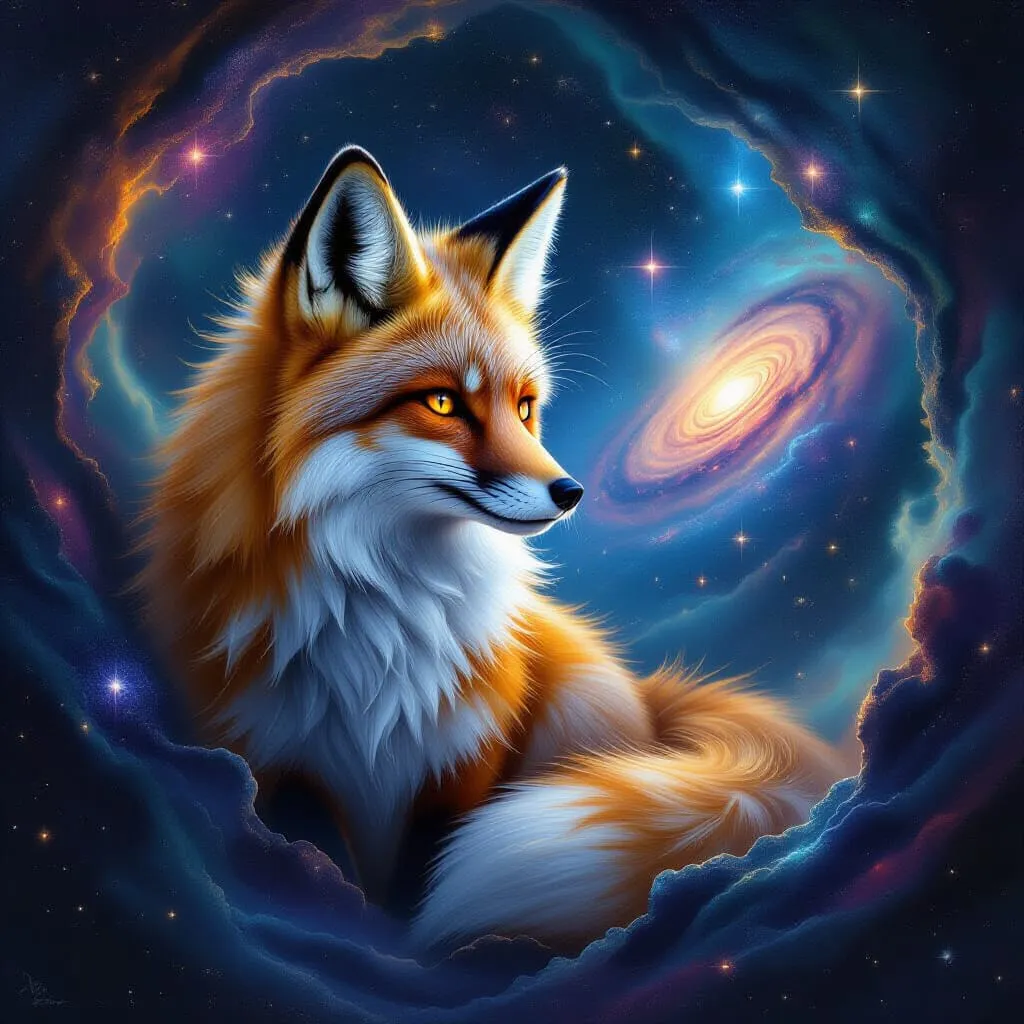 Vibrant fox portrait in a cosmic nebula with swirling colors and stars.