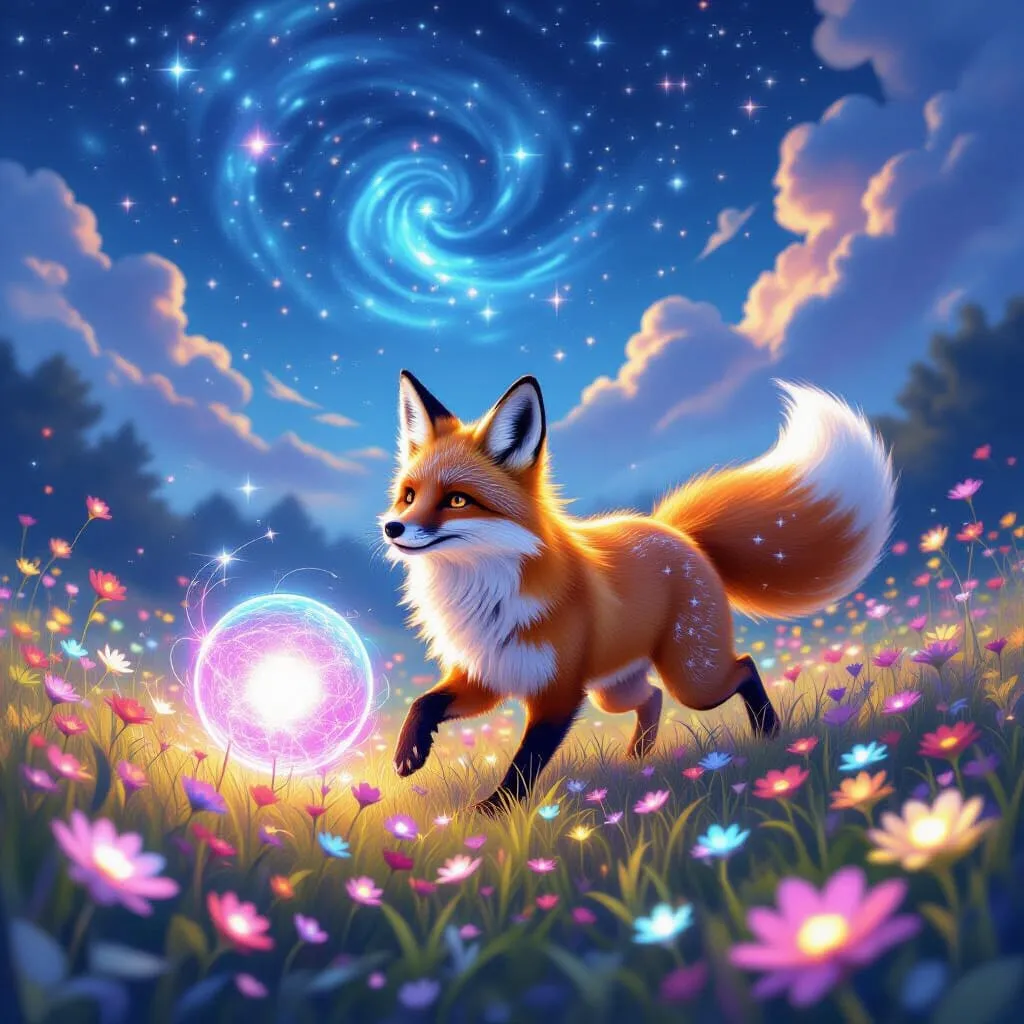 Whimsical fox in a flower-filled meadow beneath a swirling cosmic vortex.