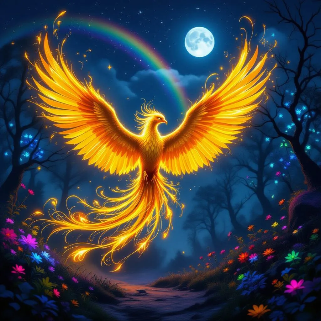 Glowing golden phoenix soaring through a moonlit forest with a rainbow overhead.