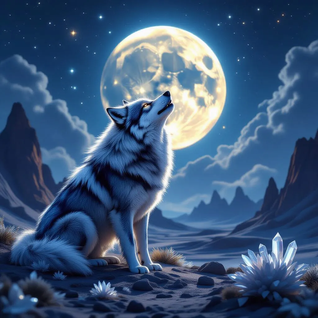 Blue wolf howling at the full moon in a icy, moonlit landscape with crystal clusters.