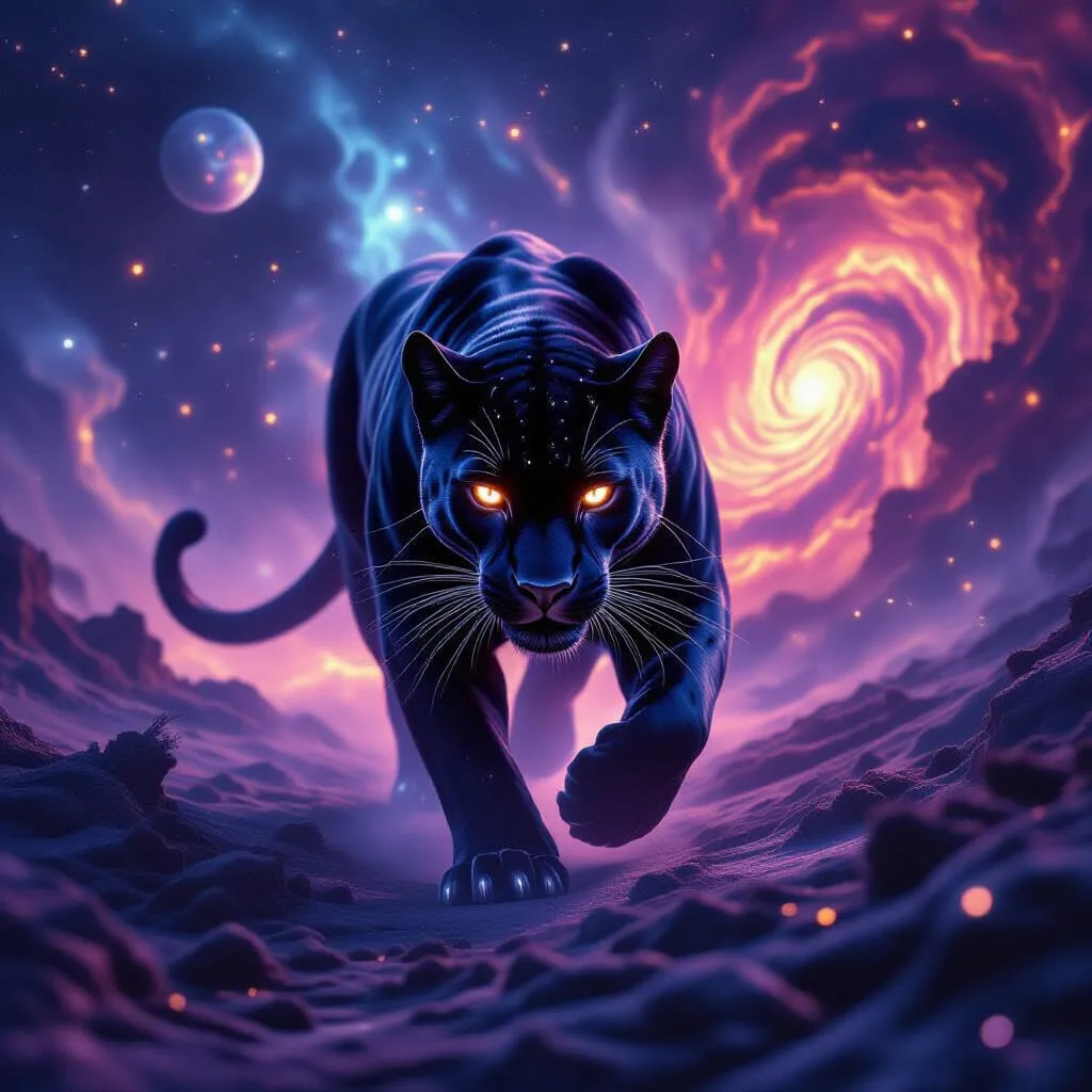 Nebula-lit panther stalking forward through a surreal, cosmic landscape