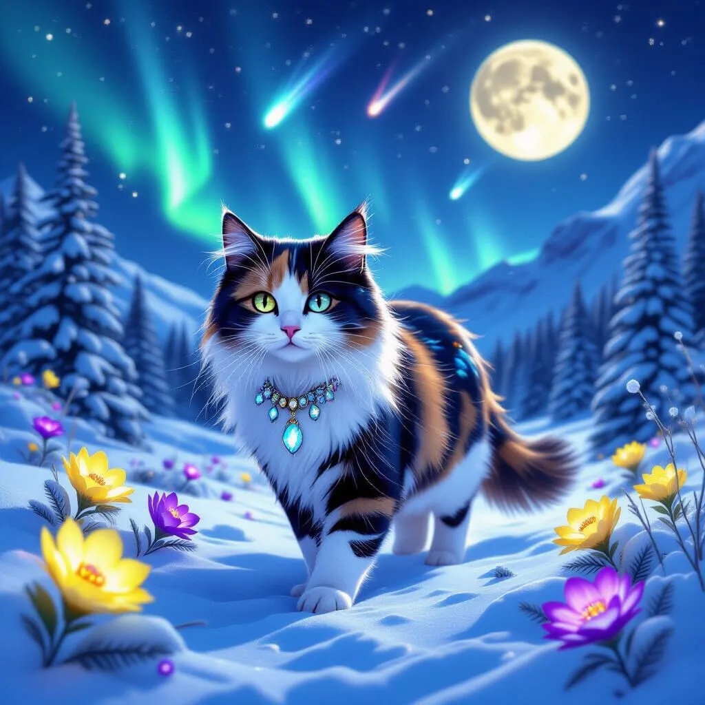 Calico cat with jeweled necklace standing in a snowy alpine field under a moonlit sky with aurora borealis.