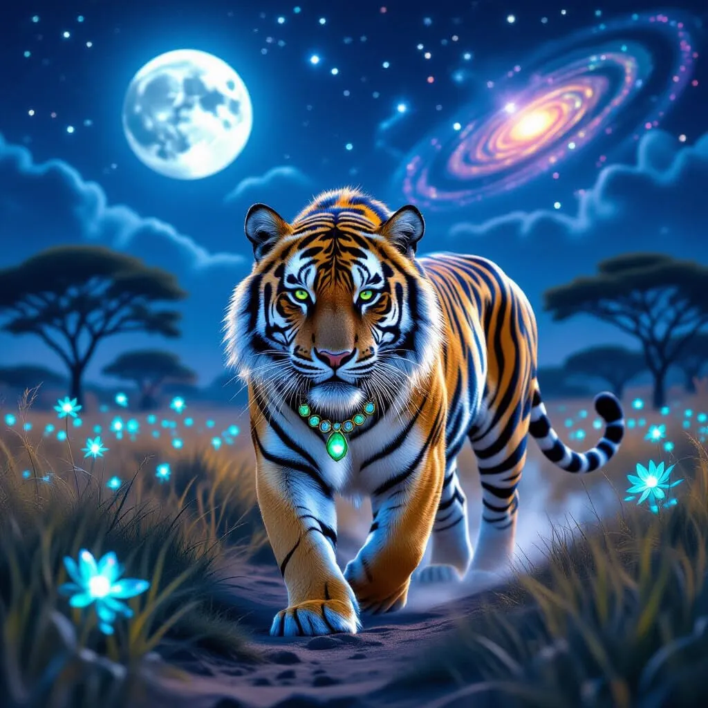 Fantasy tiger walks toward viewer in a night sky scene with glowing blue flowers and a spiral galaxy.