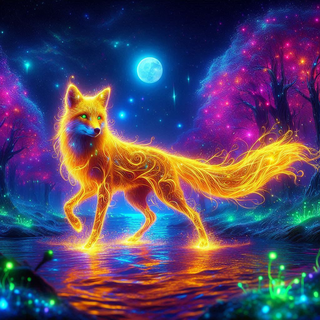 Neon glowing fox in a fantasy night forest with a blue moon and vibrant, luminous trails