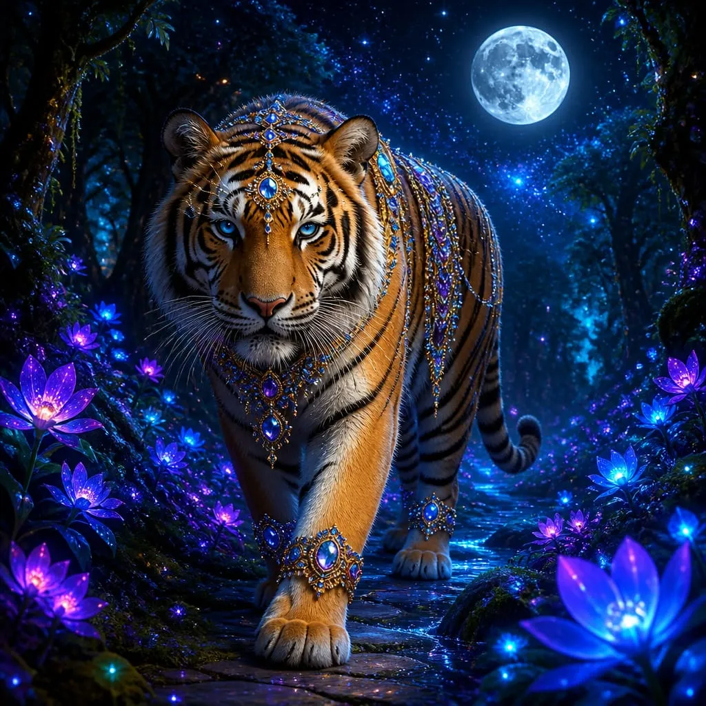 Jeweled enchanted tiger walks through glowing bioluminescent forest under a bright full moon