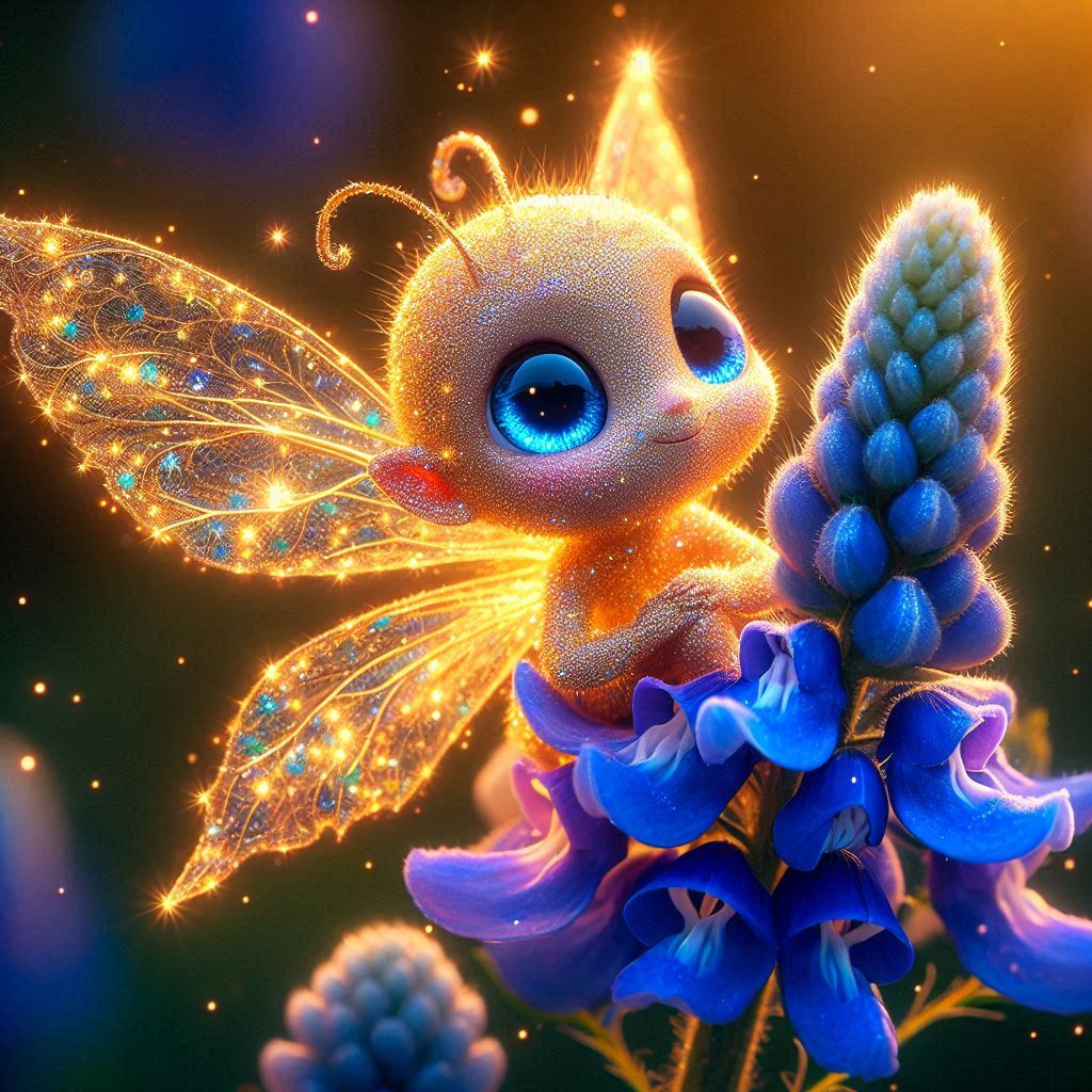 Tiny glittery fairy sprite with large blue eyes perches on a vibrant blue lupine flower