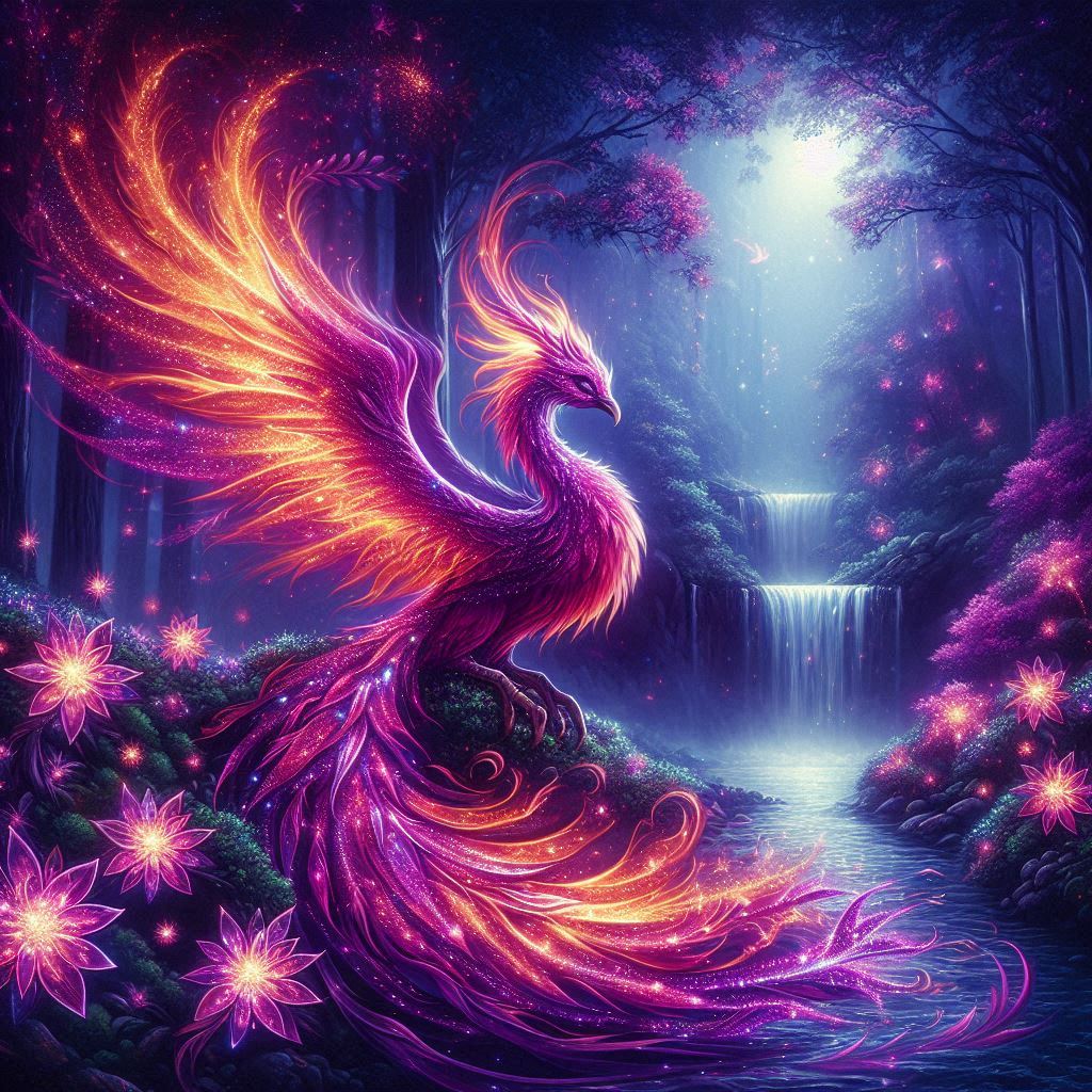 Glowing fiery phoenix perched beside a waterfall in a misty enchanted moonlit forest