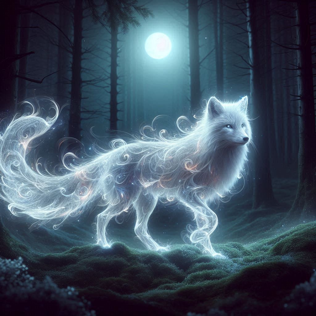 Glowing ethereal spirit fox standing on mossy ground beneath a full moon in a misty forest