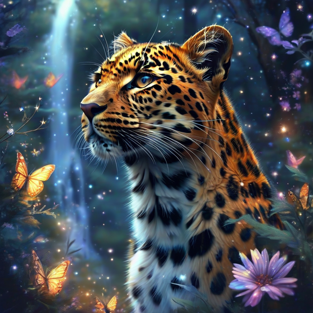 Close-up portrait of a leopard standing in a magical glowing forest surrounded by butterflies and wildflowers