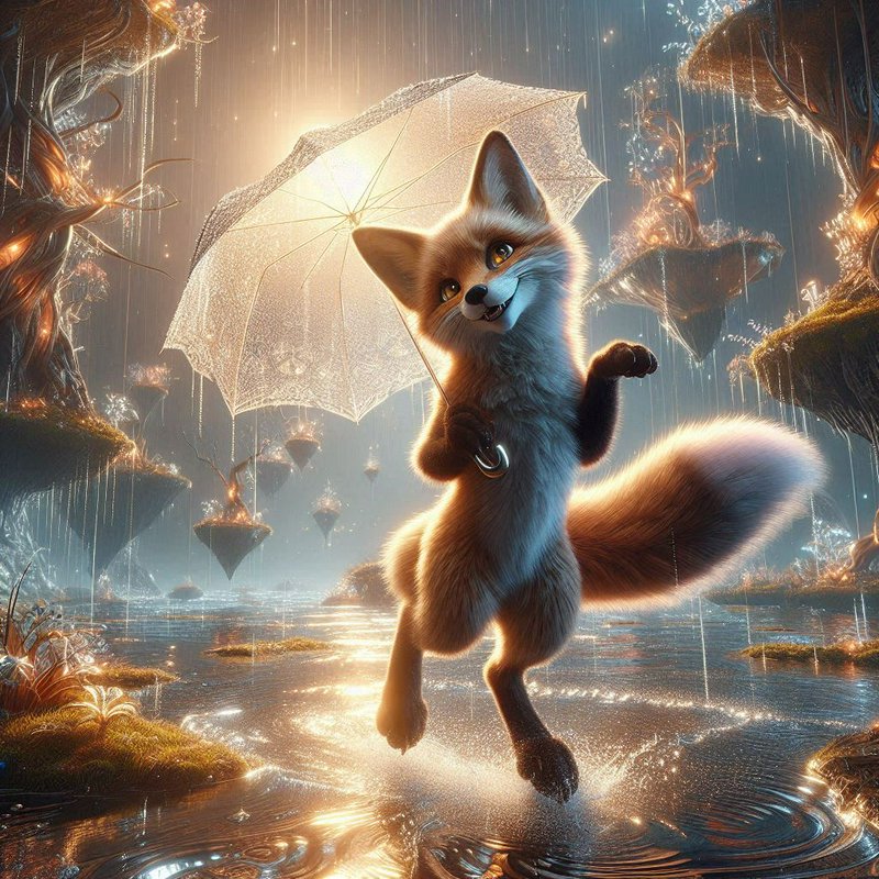 Whimsical fox with a lace umbrella in a glowing rainy fantasy landscape