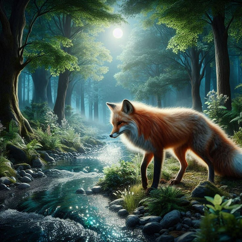A red fox by a moonlit forest stream, lush trees and sparkling water.