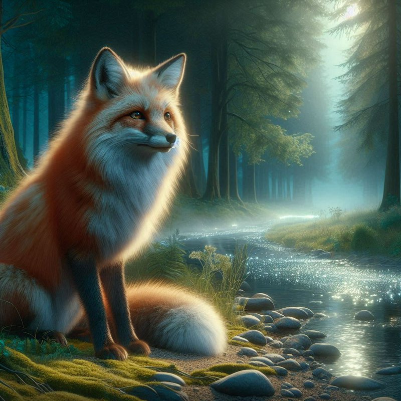 A fox sits by a sunlit forest stream, with glowing edges and tall trees in the background.