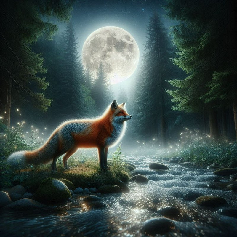 Moonlit forest scene with a fox by a shimmering stream.