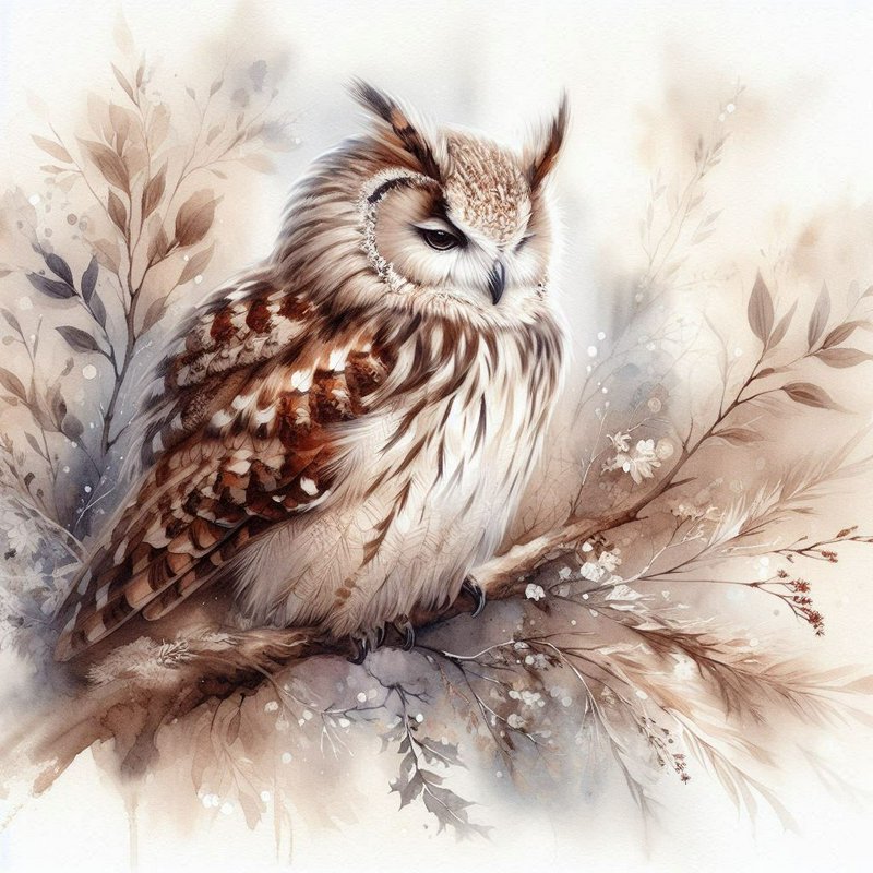 Watercolor-style owl perched on a branch with soft beige botanical background.