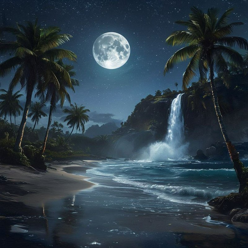 Moonlit tropical beach scene with palm trees, a waterfall, and a calm shoreline under a full moon
