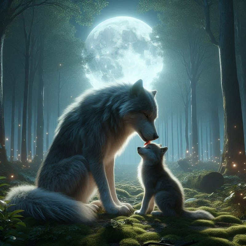 Moonlit forest scene with a large adult wolf and a small pup sharing a lick
