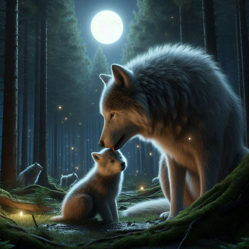 Moonlit forest scene with a large wolf nuzzling a cub under a full moon.
