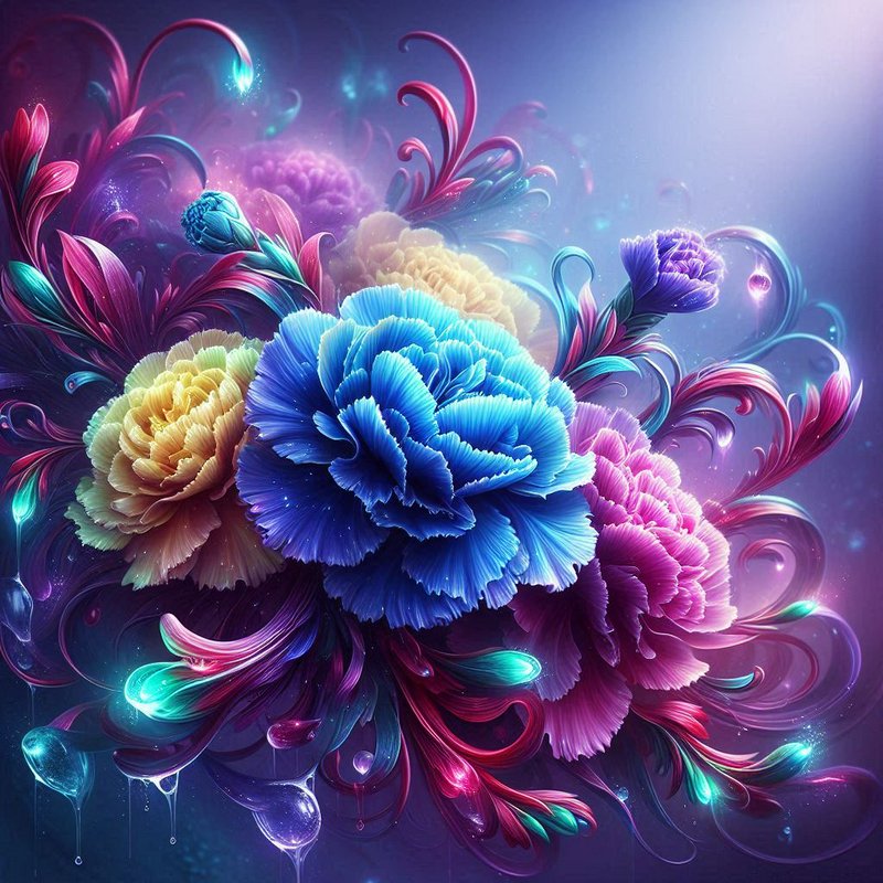 Vibrant abstract floral artwork with neon blue, pink, and purple blooms and swirling tendrils