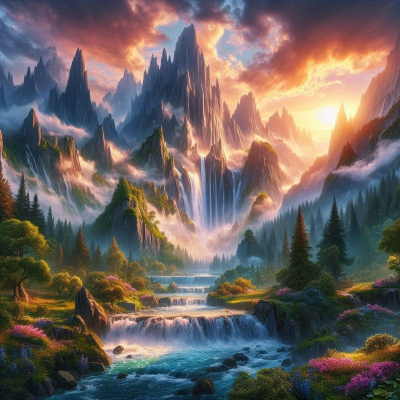 Dreamlike fantasy mountain landscape with cascading waterfalls at sunrise in a lush valley.