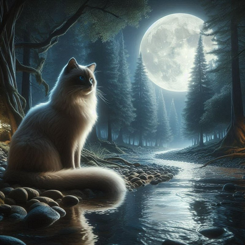 Moonlit forest scene with a fluffy white cat by a rocky stream.