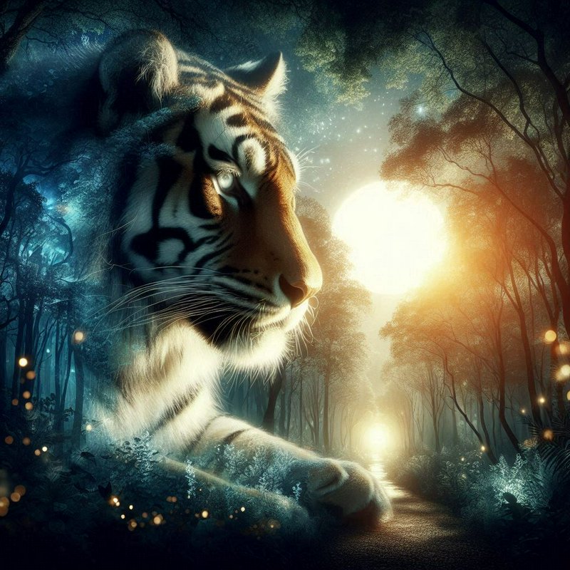 Majestic tiger in a twilight forest with luminous orbs and warm glow