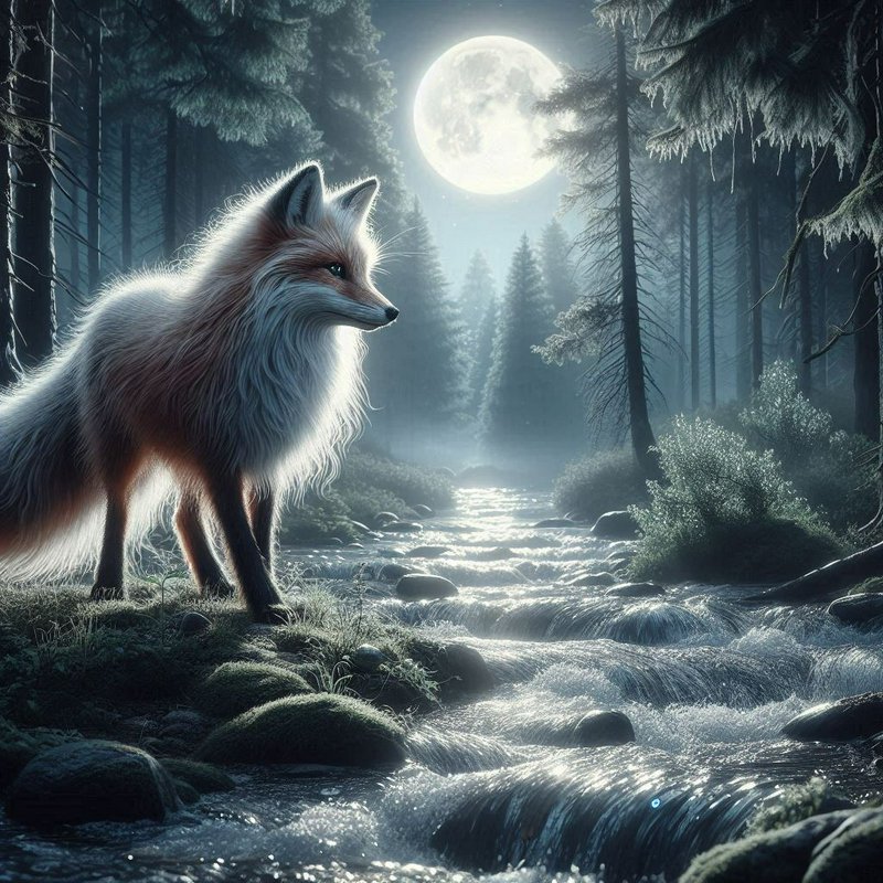 White wolf standing by a moonlit forest stream under a bright full moon.