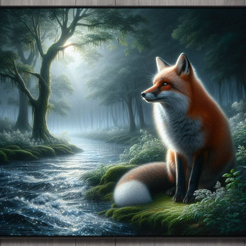 Red fox sitting by a misty forest stream with sunlight filtering through trees.