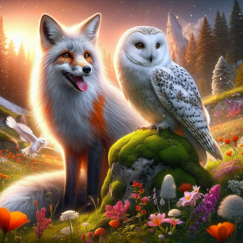 Whimsical fox and snowy owl perched on a mossy rock in a vibrant sunset meadow.
