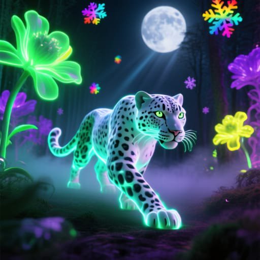 Neon-lit leopard roaming a glowing forest under a full moon