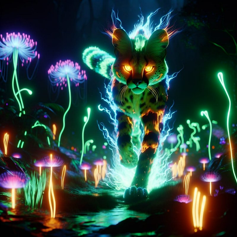 Neon-lit, glowing big cat charging through a bioluminescent forest.