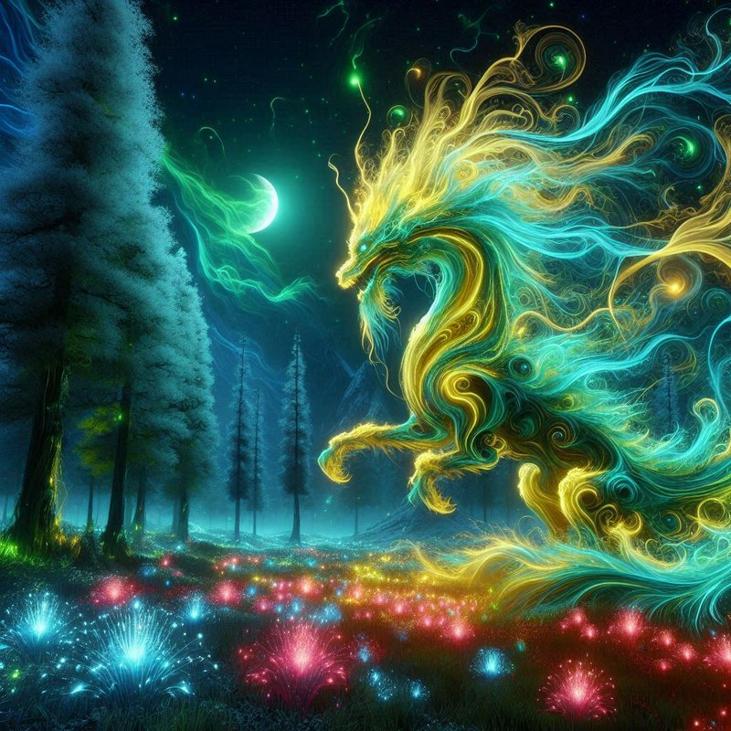 Neon dragon made of swirling light in a moonlit forest with colorful glowing orbs.