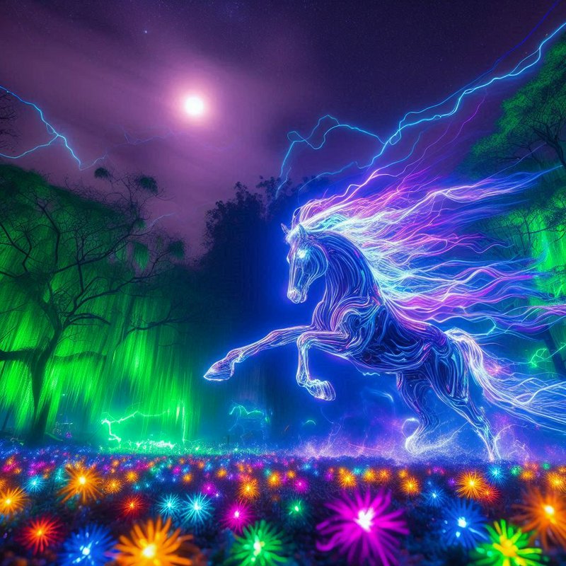 Neon glowing horse with electric blue-pink mane leaps through a vibrant forest of glowing flowers at night.