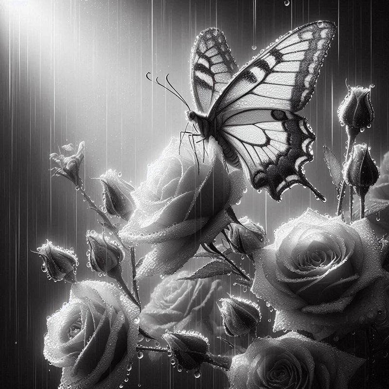 Monochrome butterfly perched on dew-covered roses in the rain.
