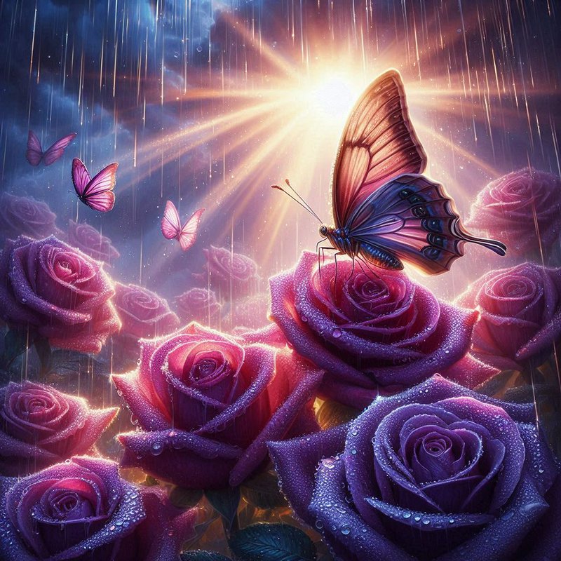 Butterfly on a neon purple rose under rain with radiant sunburst in a magical garden
