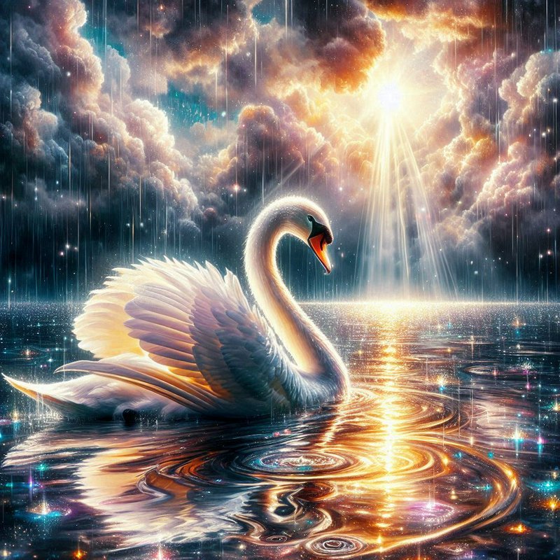 Elegant white swan gliding on shimmering water beneath a dramatic, sunlit sky.