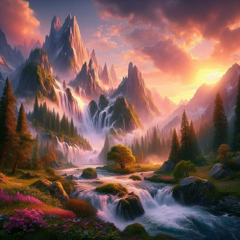 Fantasy mountain landscape with waterfalls, pine forests, and a glowing sunrise