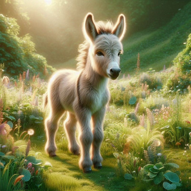 Young white donkey foal standing in a sunlit meadow with wildflowers.