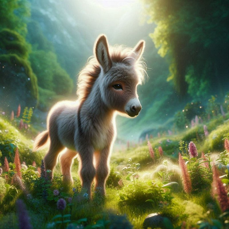 Sunny meadow with a young donkey foal standing among colorful wildflowers.
