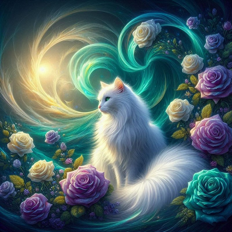 White fluffy cat amidst glowing swirls and vibrant roses in a fantasy garden.
